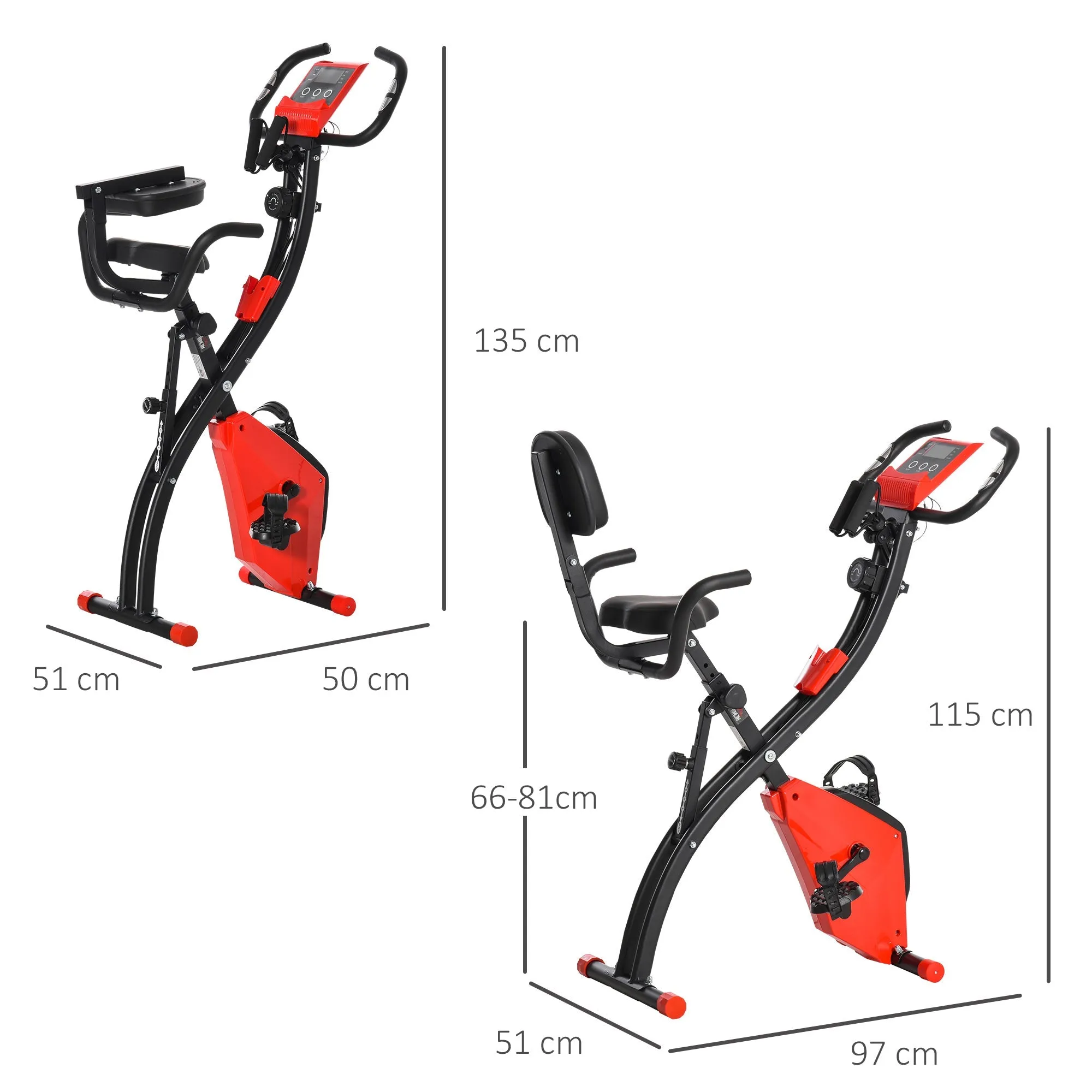 2-In-1 Upright Exercise Recumbent Bike Adjustable Resistance Stationary Fitness Home Gym FoldableWith Armrests LCD Monitor Cycling Wheels Red