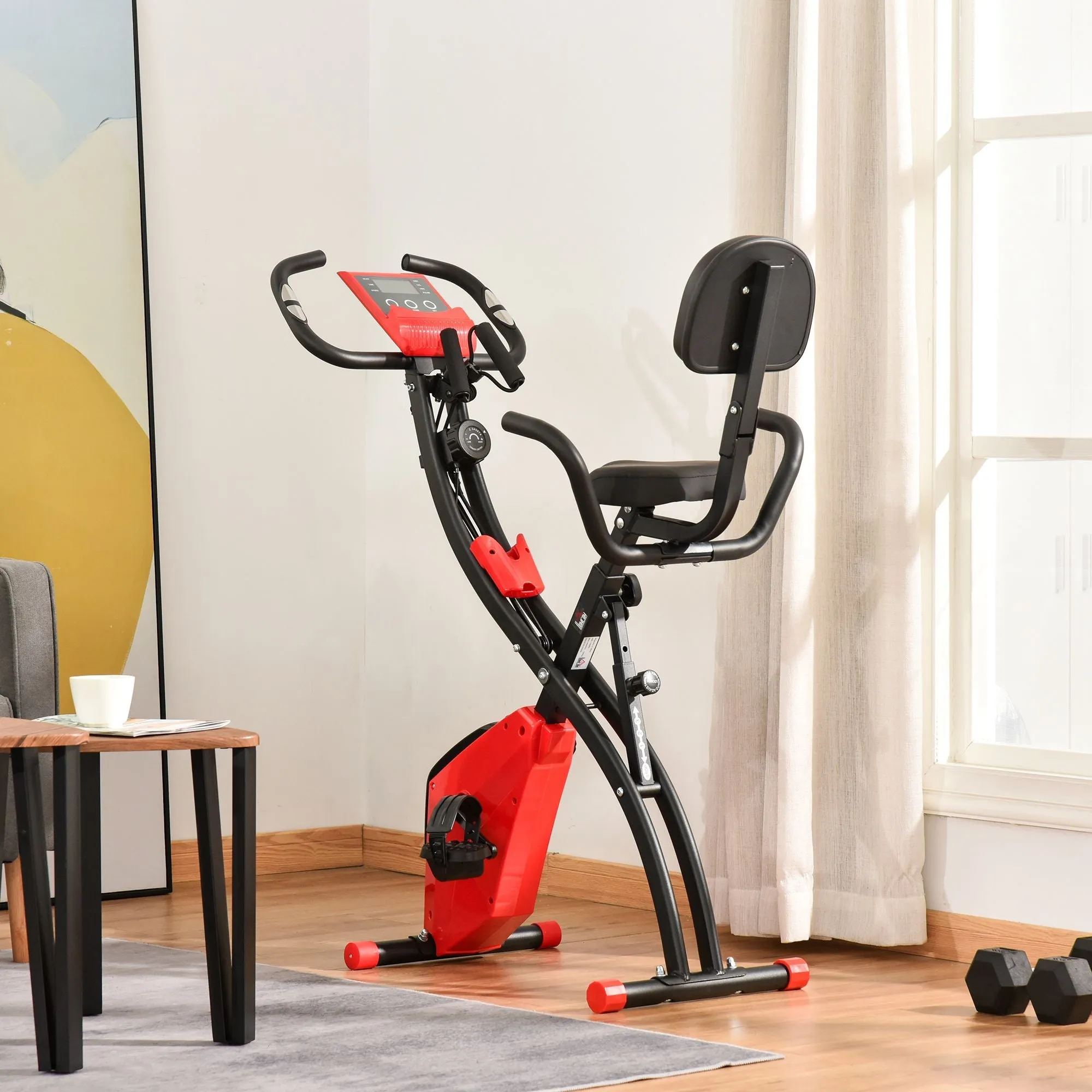 2-In-1 Upright Exercise Recumbent Bike Adjustable Resistance Stationary Fitness Home Gym FoldableWith Armrests LCD Monitor Cycling Wheels Red
