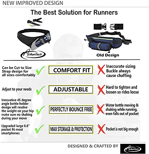 AiRunTech Waist Pack Water Bottle Holder, Fanny Pack/Pouch Bag Women Running, iPhone Samsung Waterproof Purse Pockets Running Belt Fitness Jogging Accessories (Upgraded II Black 4.0")