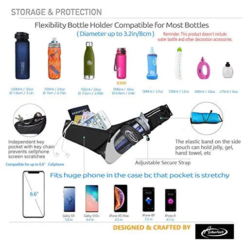 AiRunTech Waist Pack Water Bottle Holder, Fanny Pack/Pouch Bag Women Running, iPhone Samsung Waterproof Purse Pockets Running Belt Fitness Jogging Accessories (Upgraded II Black 4.0")