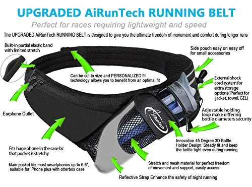 AiRunTech Waist Pack Water Bottle Holder, Fanny Pack/Pouch Bag Women Running, iPhone Samsung Waterproof Purse Pockets Running Belt Fitness Jogging Accessories (Upgraded II Black 4.0")