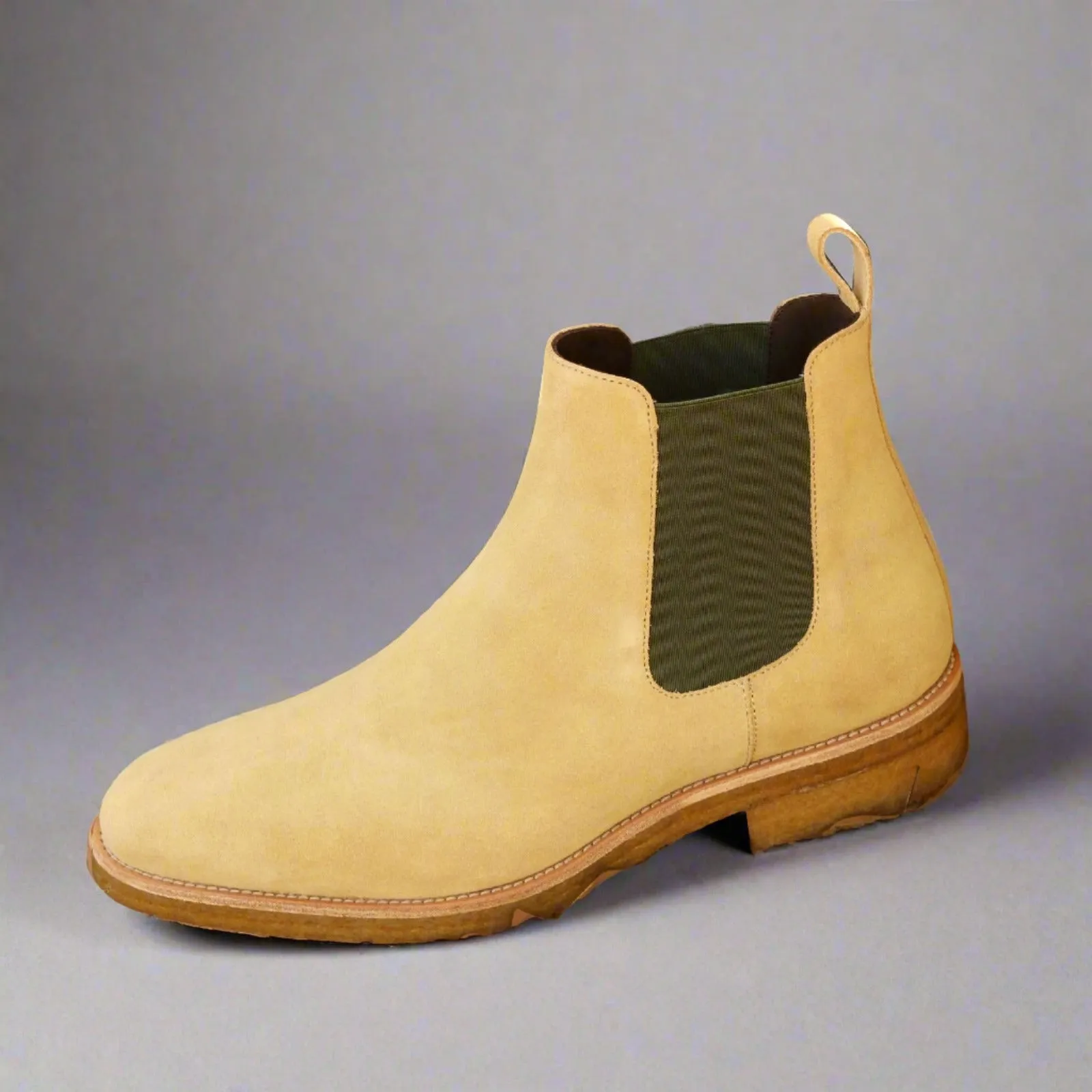 Ambrogio Men's Handmade Custom Made Shoes Beige Cream Lux Suede Leather Chelsea Boots (AMB1006)