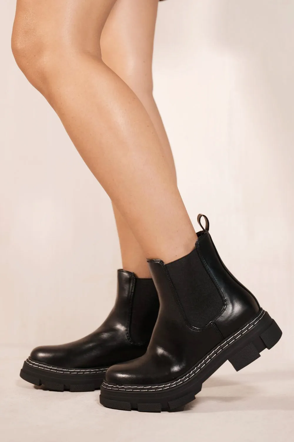 AMIYAH CHUNKY CHEALSEA BOOTS WITH KNITTED SOCK IN BLACK FAUX LEATHER