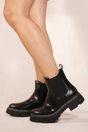 AMIYAH CHUNKY CHEALSEA BOOTS WITH KNITTED SOCK IN BLACK FAUX LEATHER