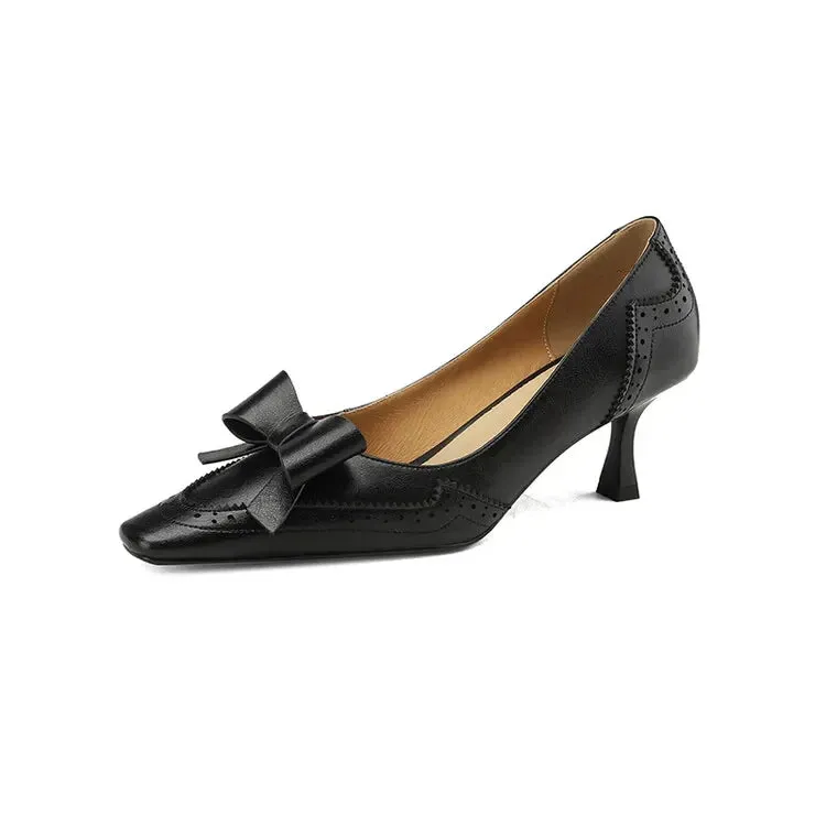 binfenxie Spring/Summer Women Pumps Split Leather High Heels Square Toe Thin Heel Women Shoes Butterfly-knot Lady Shoes Party Shoes