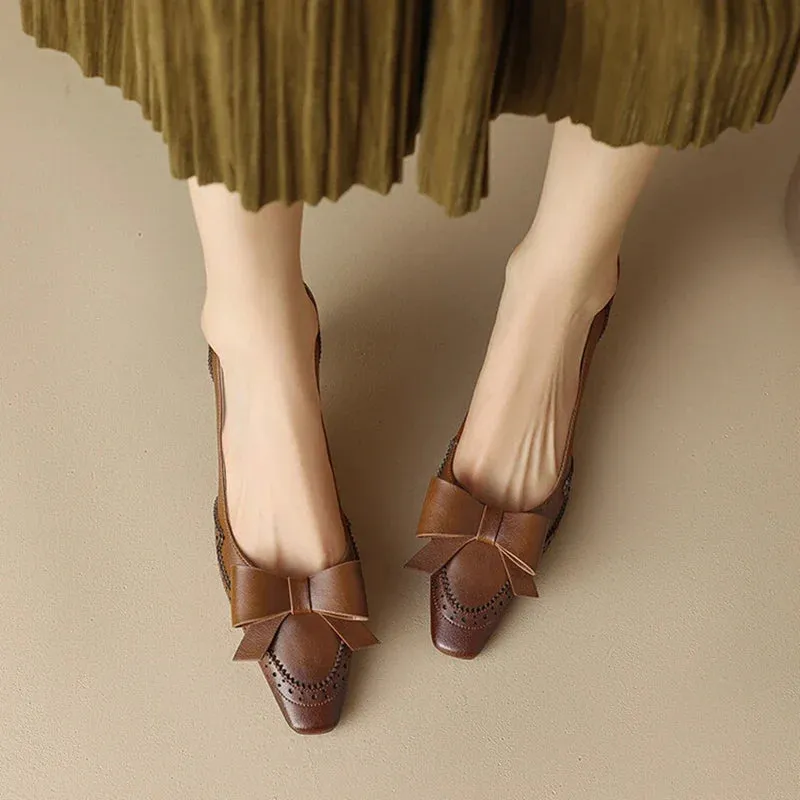 binfenxie Spring/Summer Women Pumps Split Leather High Heels Square Toe Thin Heel Women Shoes Butterfly-knot Lady Shoes Party Shoes
