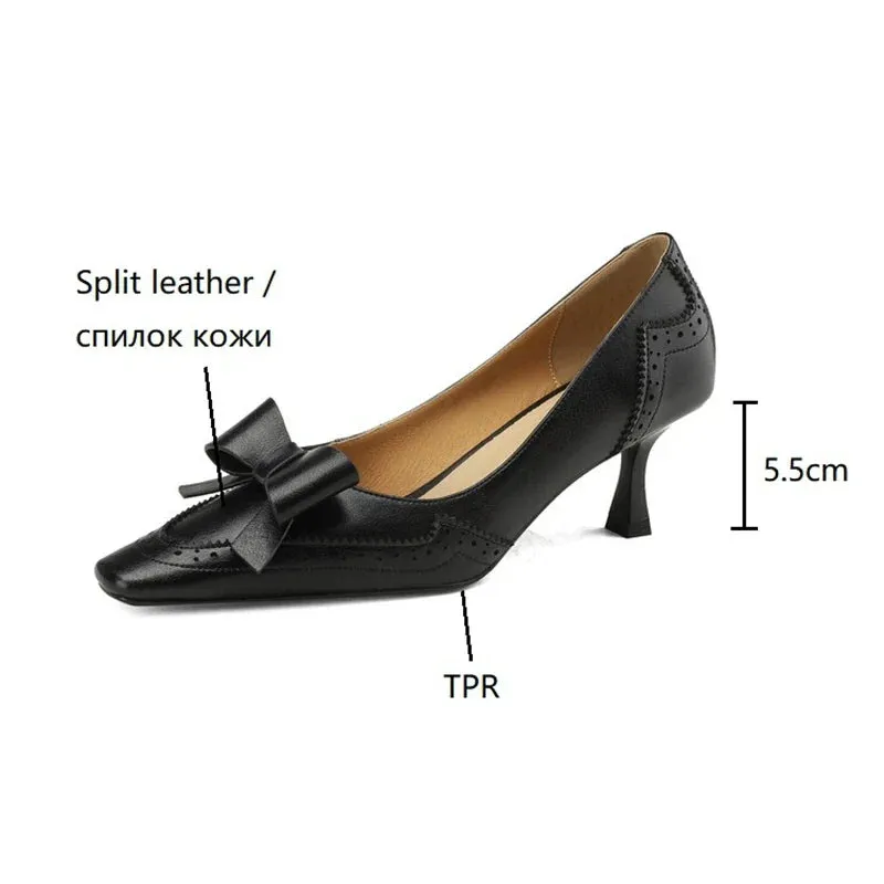 binfenxie Spring/Summer Women Pumps Split Leather High Heels Square Toe Thin Heel Women Shoes Butterfly-knot Lady Shoes Party Shoes