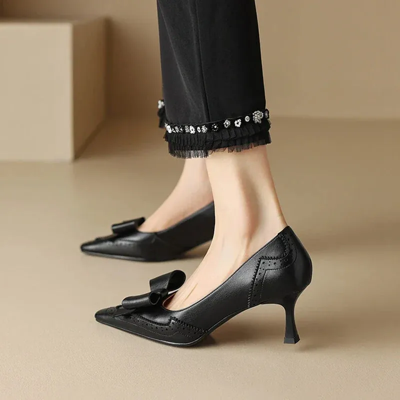 binfenxie Spring/Summer Women Pumps Split Leather High Heels Square Toe Thin Heel Women Shoes Butterfly-knot Lady Shoes Party Shoes