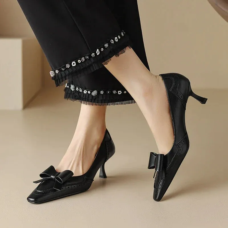 binfenxie Spring/Summer Women Pumps Split Leather High Heels Square Toe Thin Heel Women Shoes Butterfly-knot Lady Shoes Party Shoes