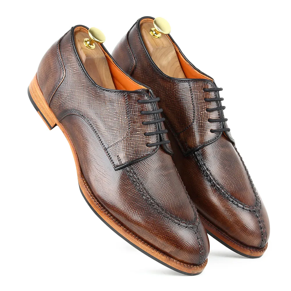 Brown Patina Glossed Hatch Grain Split Toe Derby