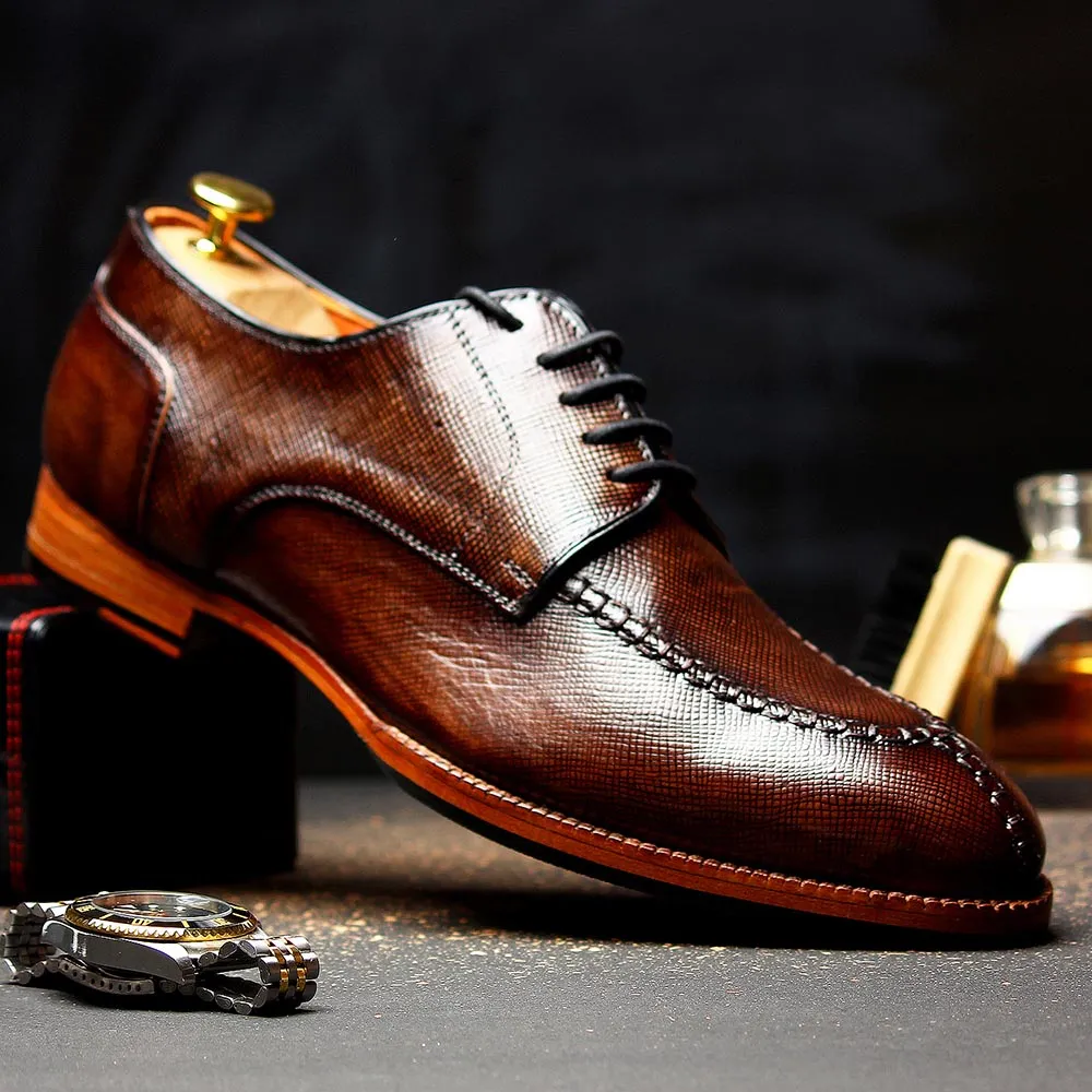 Brown Patina Glossed Hatch Grain Split Toe Derby