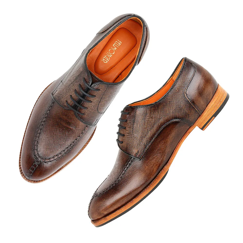Brown Patina Glossed Hatch Grain Split Toe Derby