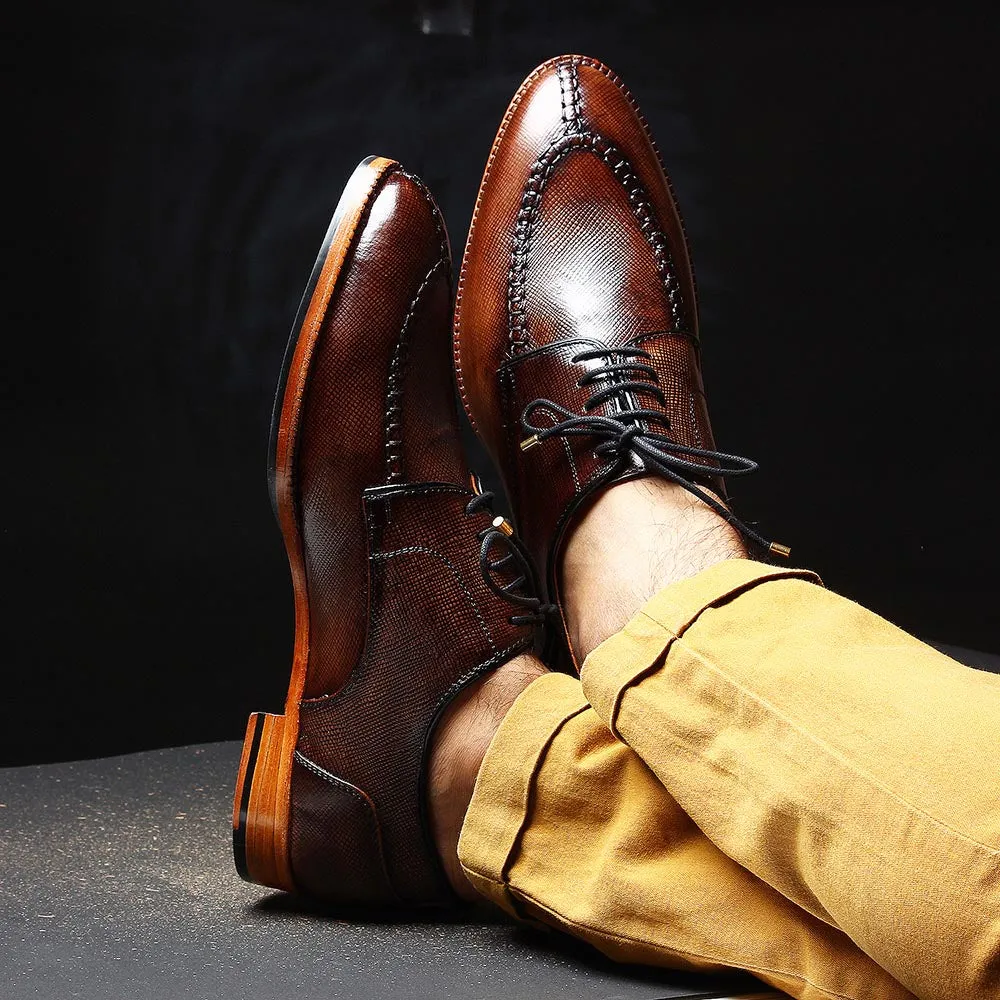 Brown Patina Glossed Hatch Grain Split Toe Derby