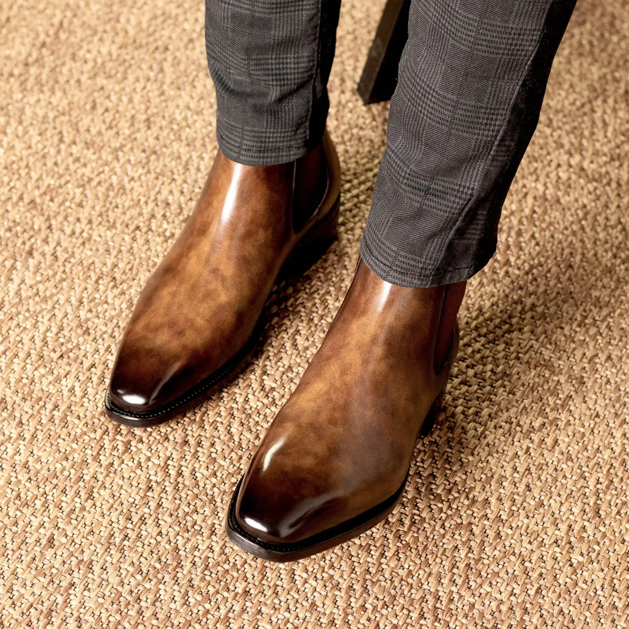 DapperFam Monza in Tobacco Men's Hand-Painted Patina Chelsea Boot
