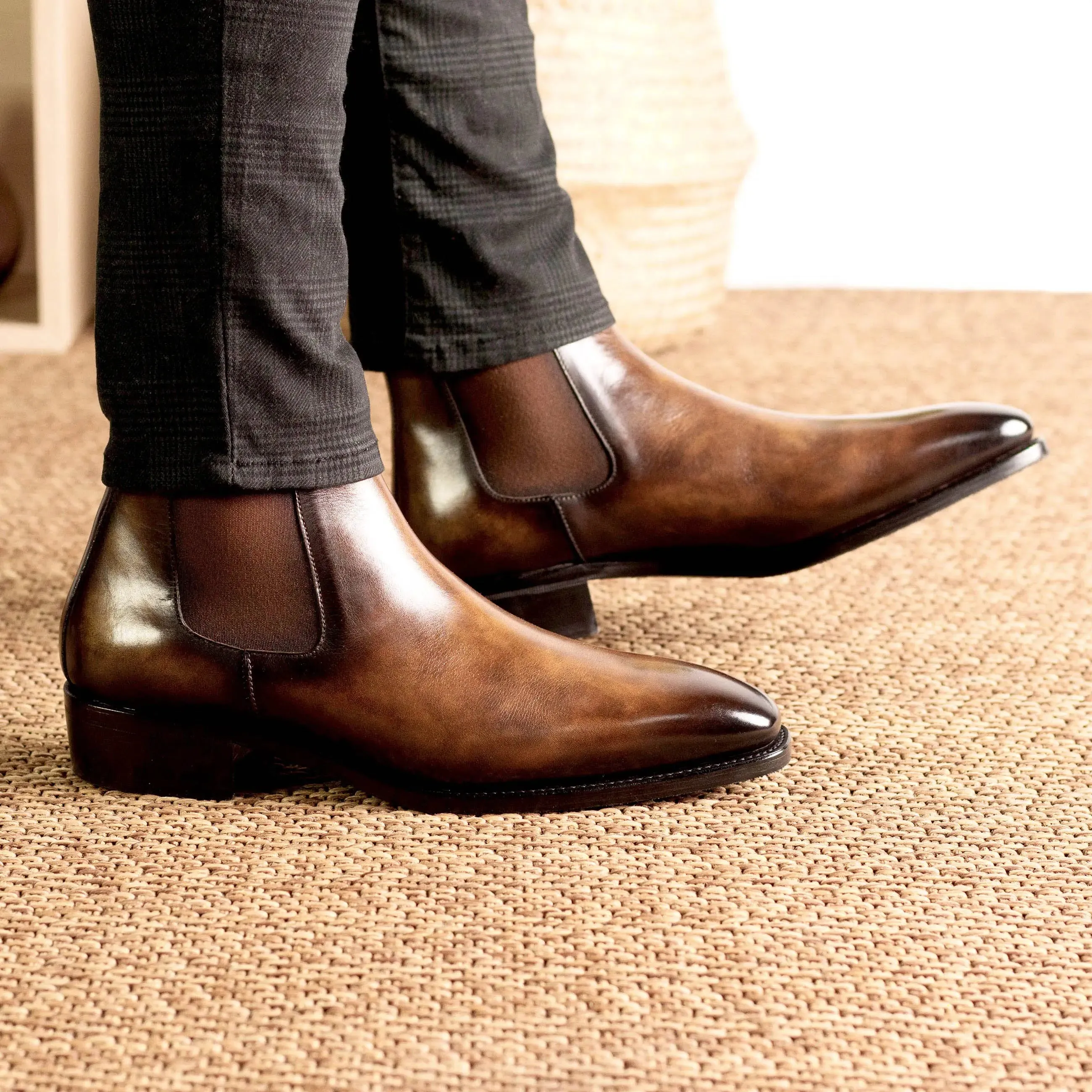 DapperFam Monza in Tobacco Men's Hand-Painted Patina Chelsea Boot