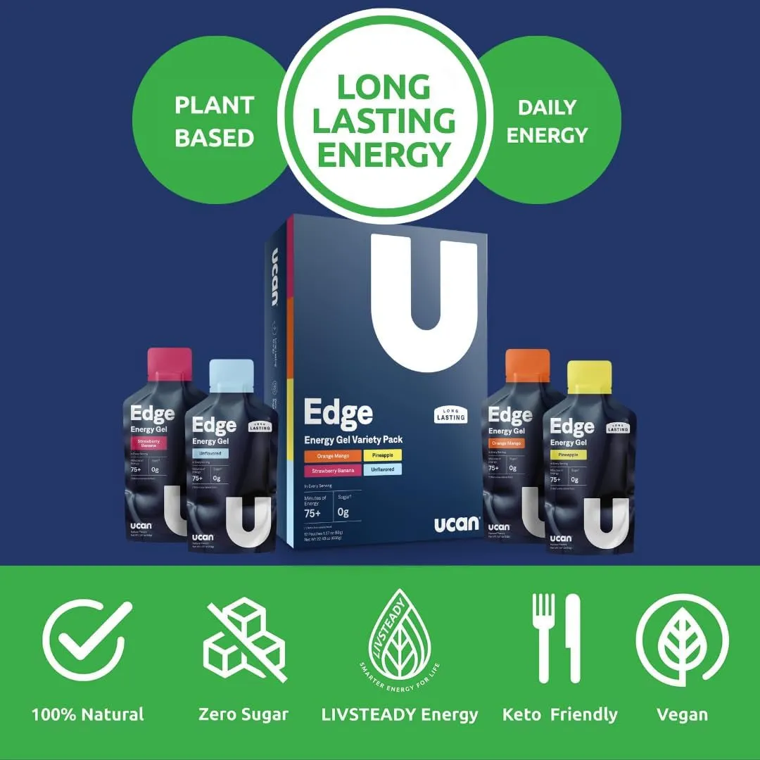 Edge Energy Gel Shots, Variety Pack (12, 2 Ounce Packets) for Running, Training, Workouts, Fitness, Cycling, Crossfit | Sugar-Free, Vegan, & Keto Friendly Energy Supplement