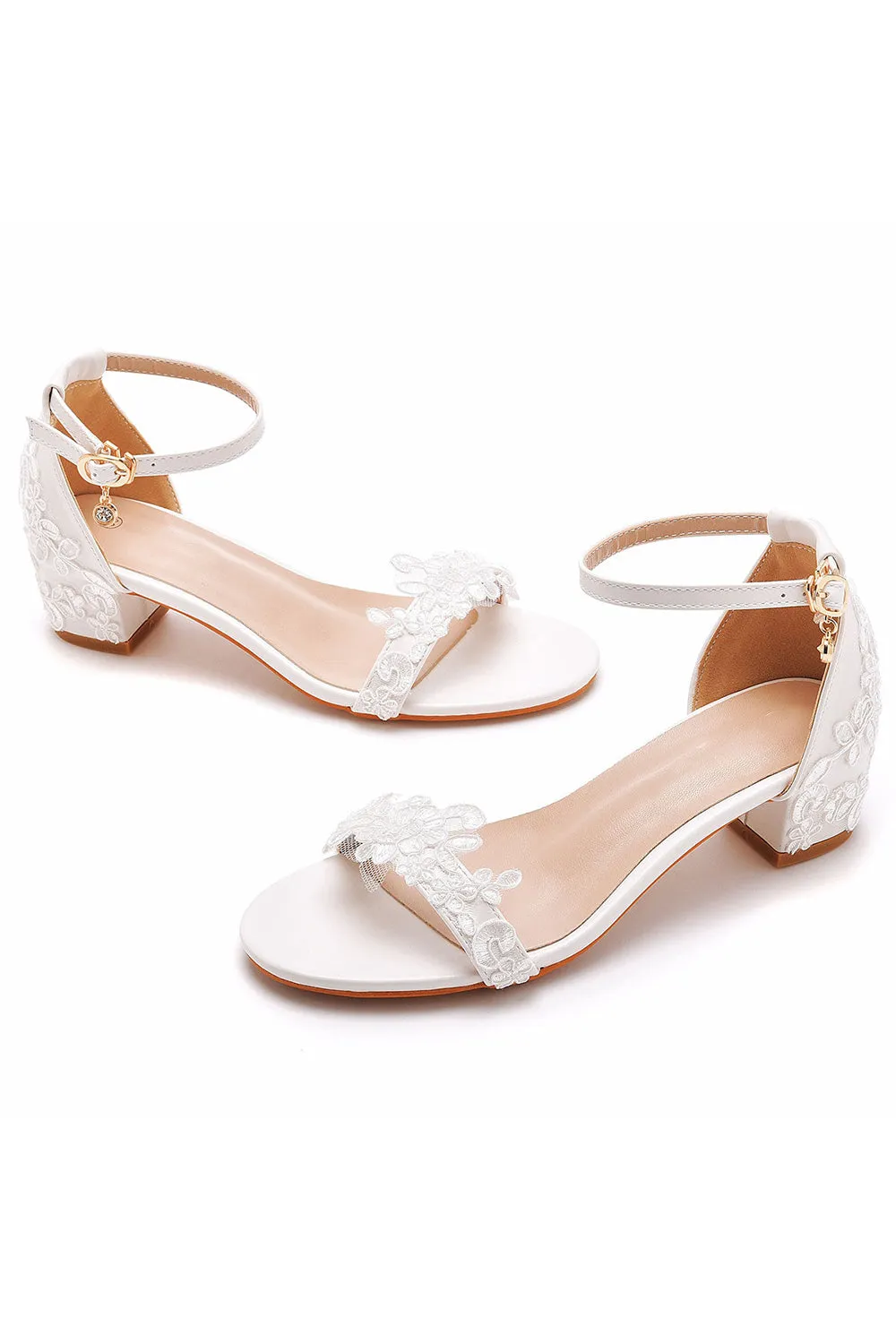 Elegant White Lace Open Toe Ankle-strap Block Heels
