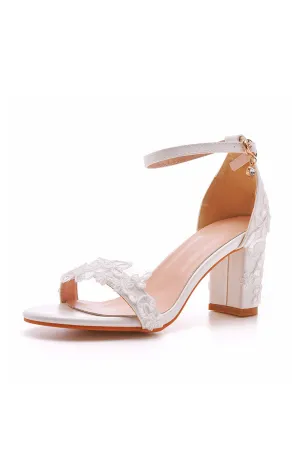 Elegant White Lace Open Toe Ankle-strap Block Heels