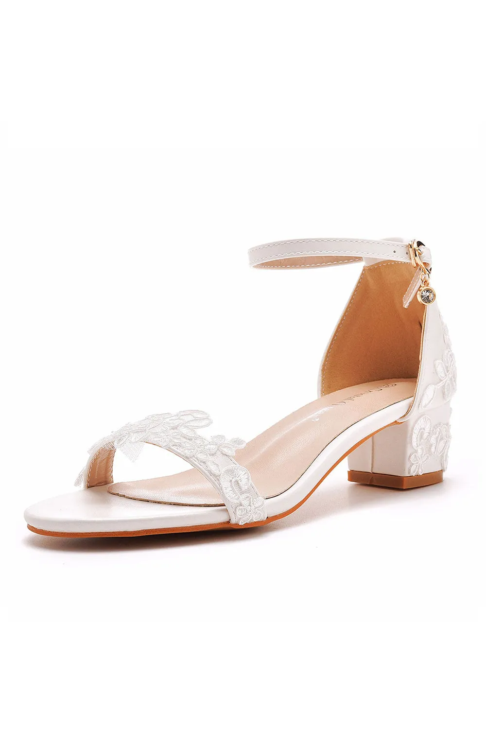 Elegant White Lace Open Toe Ankle-strap Block Heels