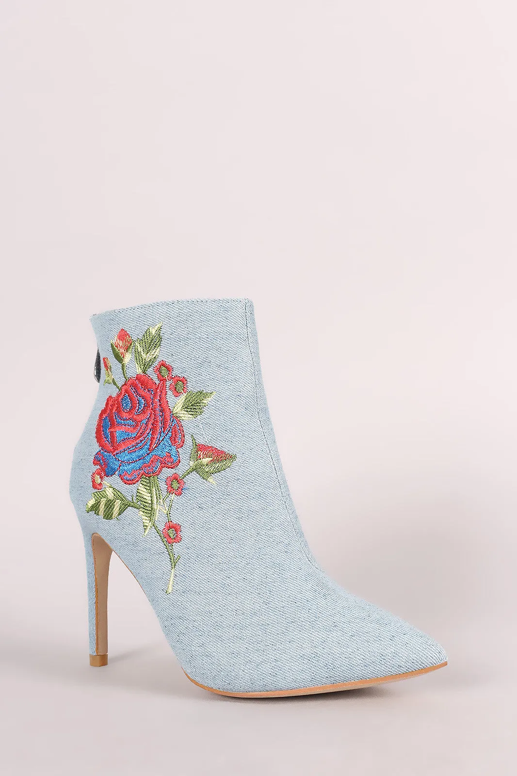 Embroidered Rosette Denim Pointy Toe Stiletto Booties