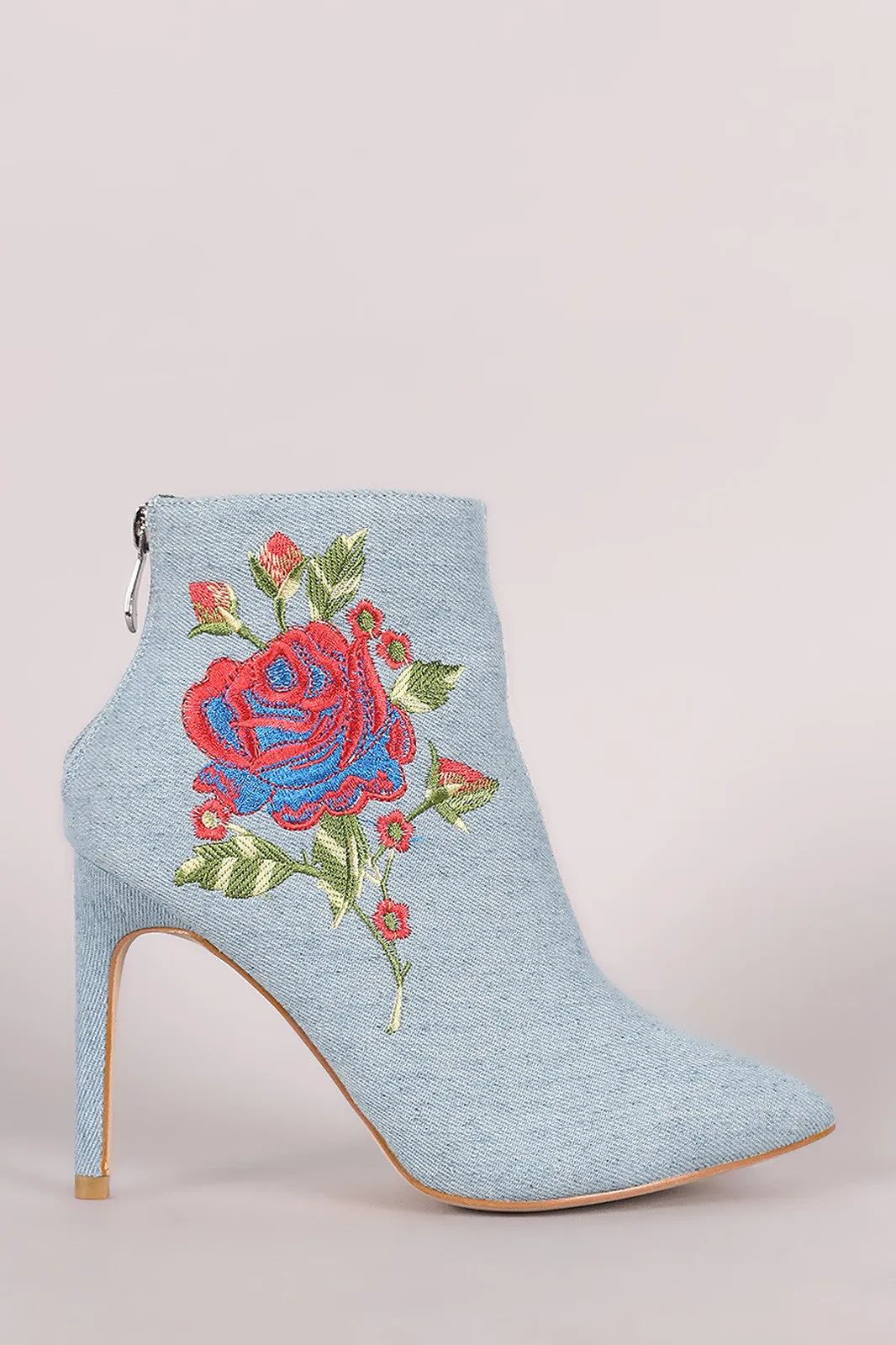 Embroidered Rosette Denim Pointy Toe Stiletto Booties