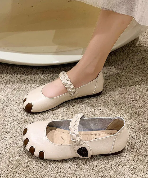 Fine Buckle Strap Flat Shoes For Women Beige Cowhide Leather LC0528