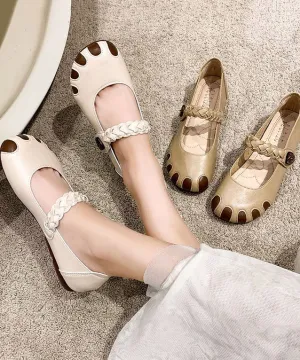 Fine Buckle Strap Flat Shoes For Women Beige Cowhide Leather LC0528