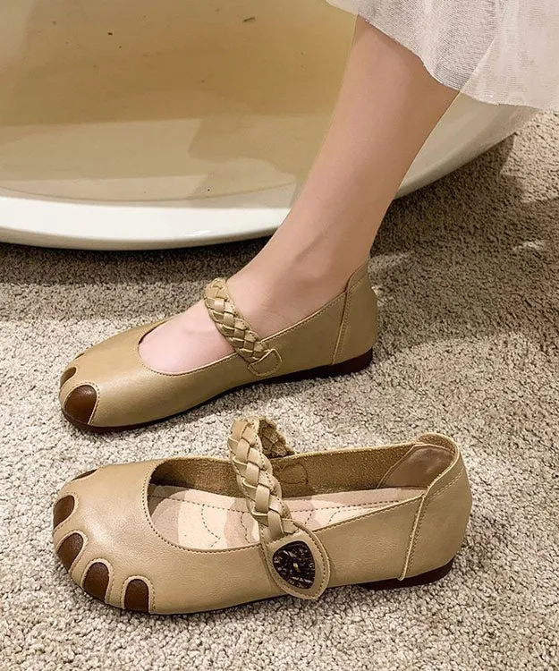 Fine Buckle Strap Flat Shoes For Women Beige Cowhide Leather LC0528