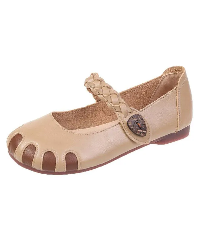 Fine Buckle Strap Flat Shoes For Women Beige Cowhide Leather LC0528