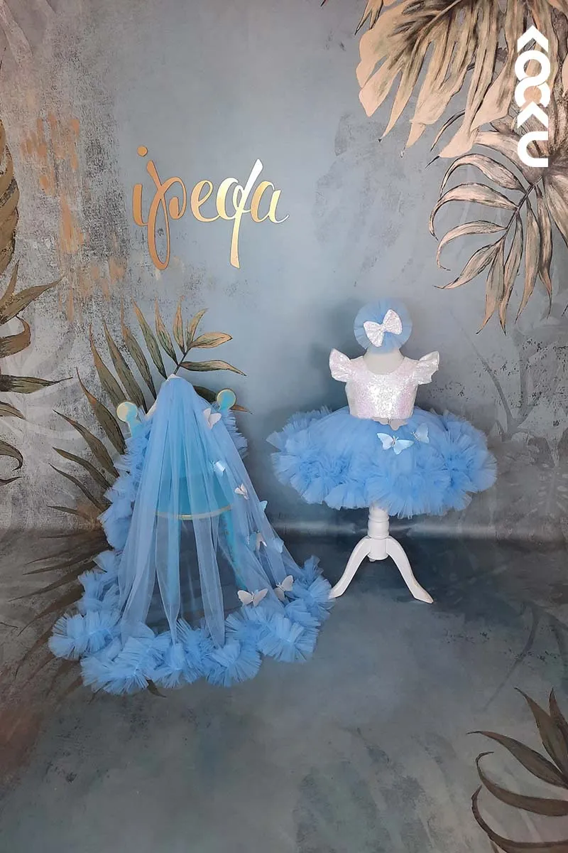 G3008 - Round Neck Sequined Tulle Baby Girl Gown With Detachable Trail