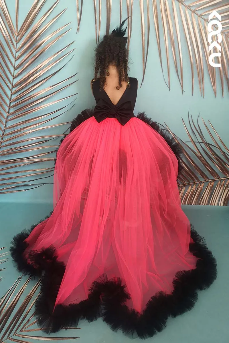 G3015 - Round Neck Satin Tulle Baby Girl Gown With Detachable Trail