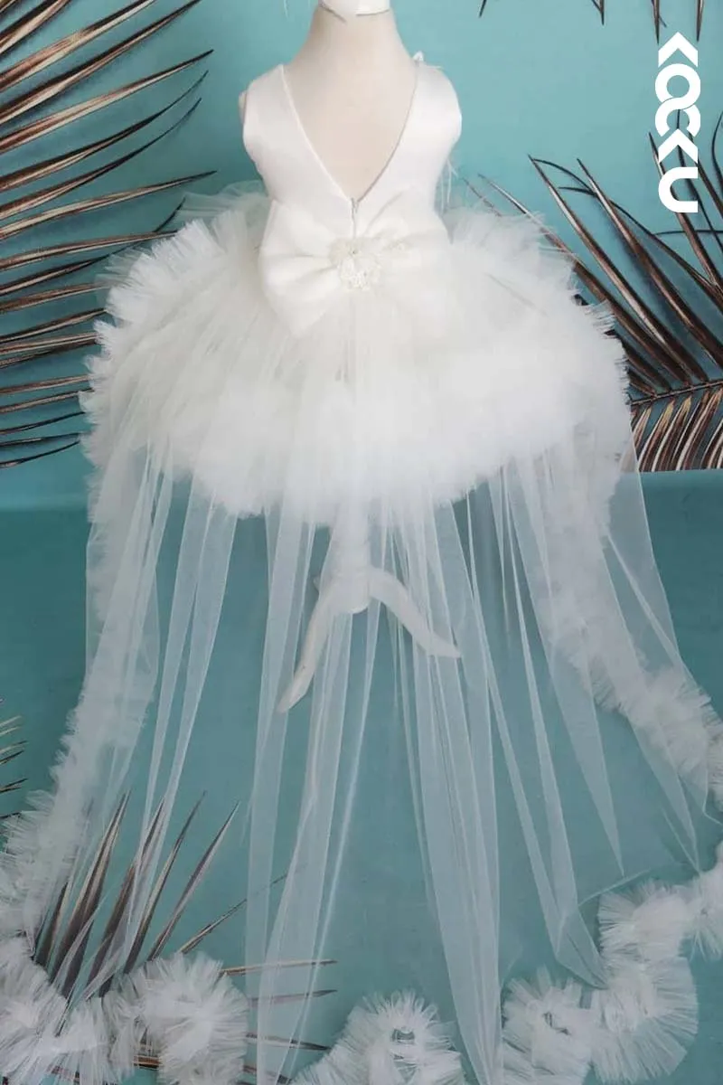 G3016 - Round Neck Appliqued Satin Tulle Baby Girl Gown With Detachable Gown