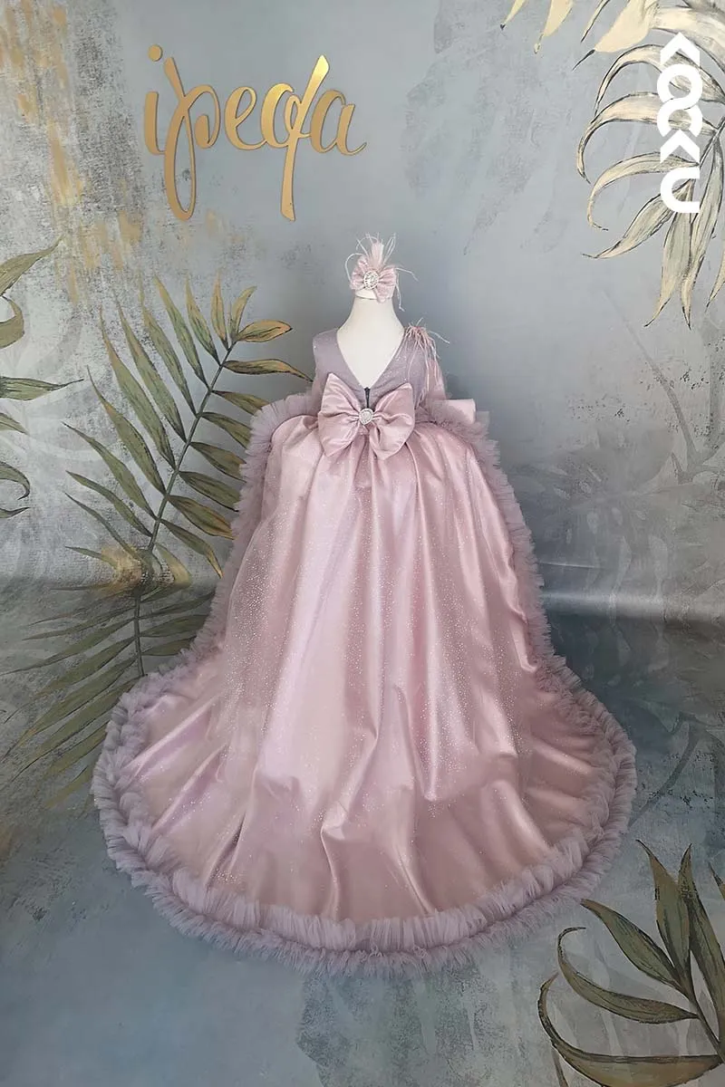 G3017 - V-Neck Satin Tulle Baby Girl Gown With Detachable Trail