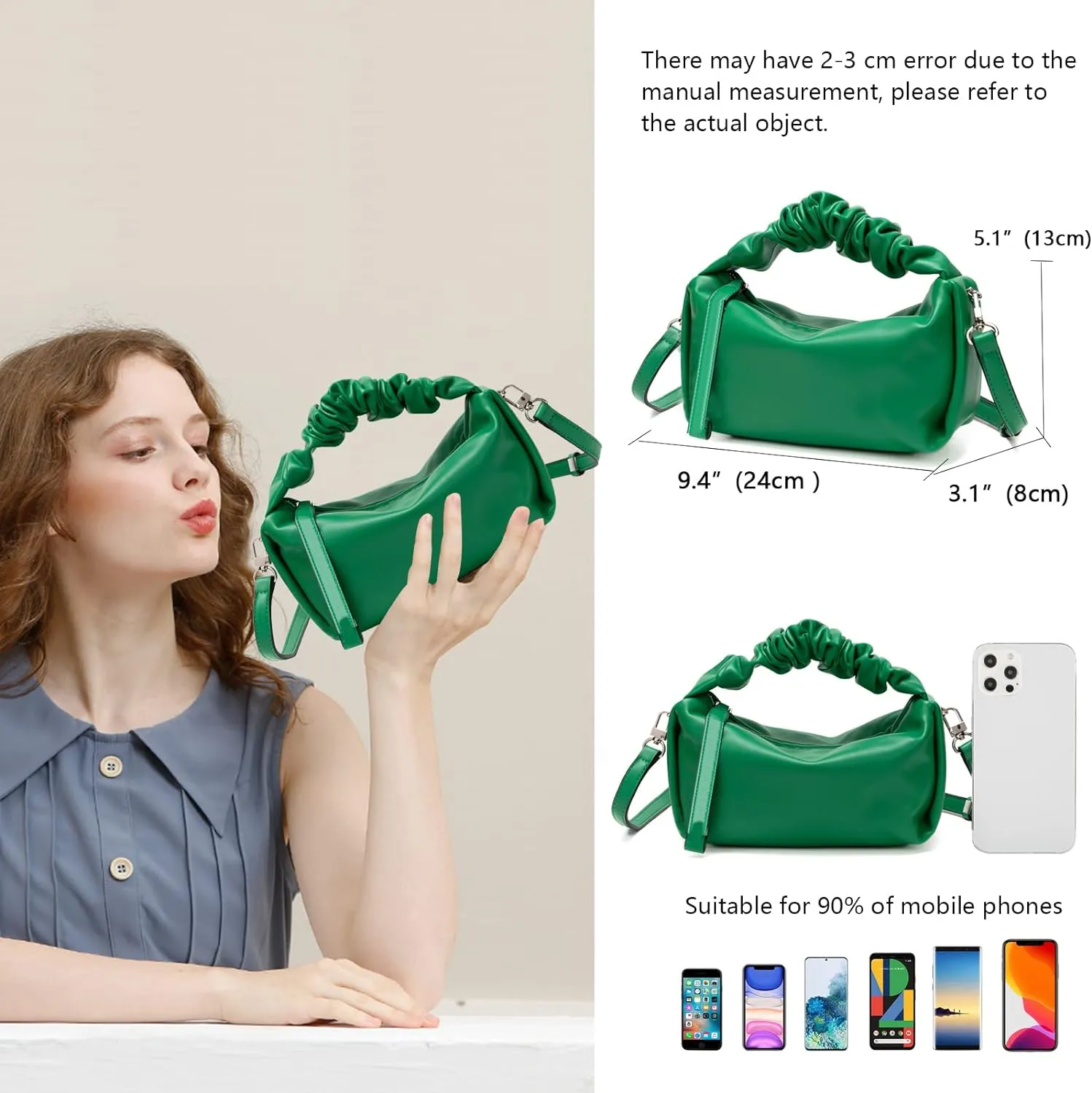 Green Stylish Women's Cloud Ruched Pouch Bag - Versatile Leather Crossbody, Hobo, Clutch, & Tote Handbag for Every Occasion