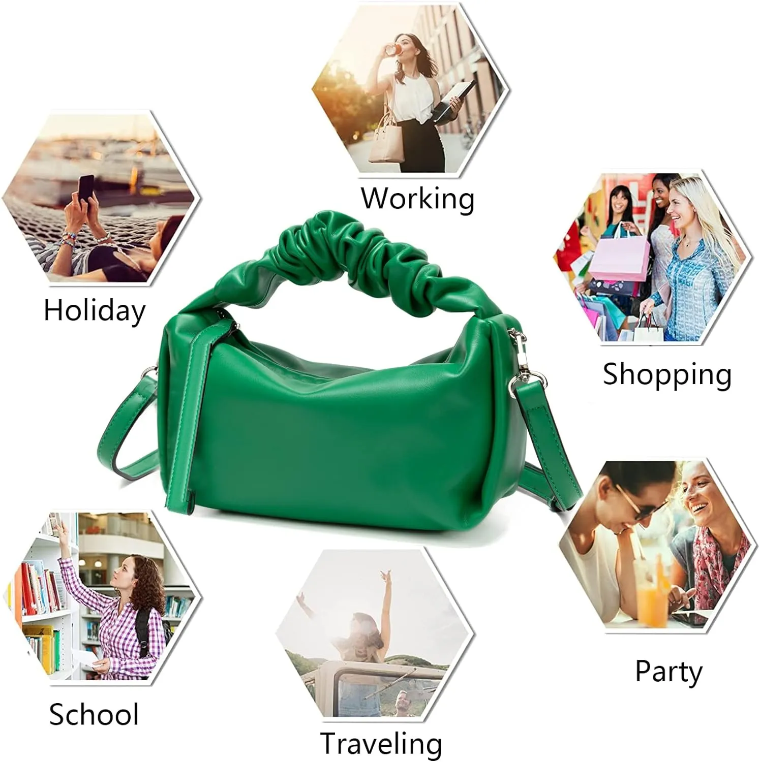 Green Stylish Women's Cloud Ruched Pouch Bag - Versatile Leather Crossbody, Hobo, Clutch, & Tote Handbag for Every Occasion