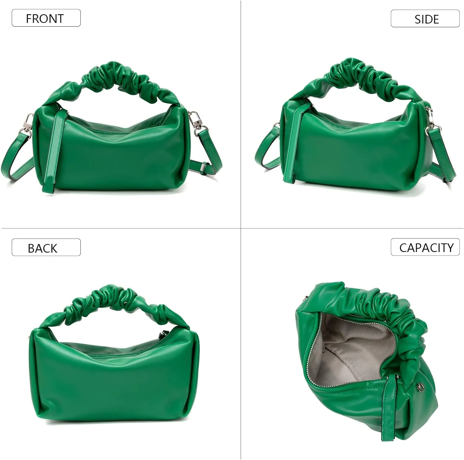 Green Stylish Women's Cloud Ruched Pouch Bag - Versatile Leather Crossbody, Hobo, Clutch, & Tote Handbag for Every Occasion
