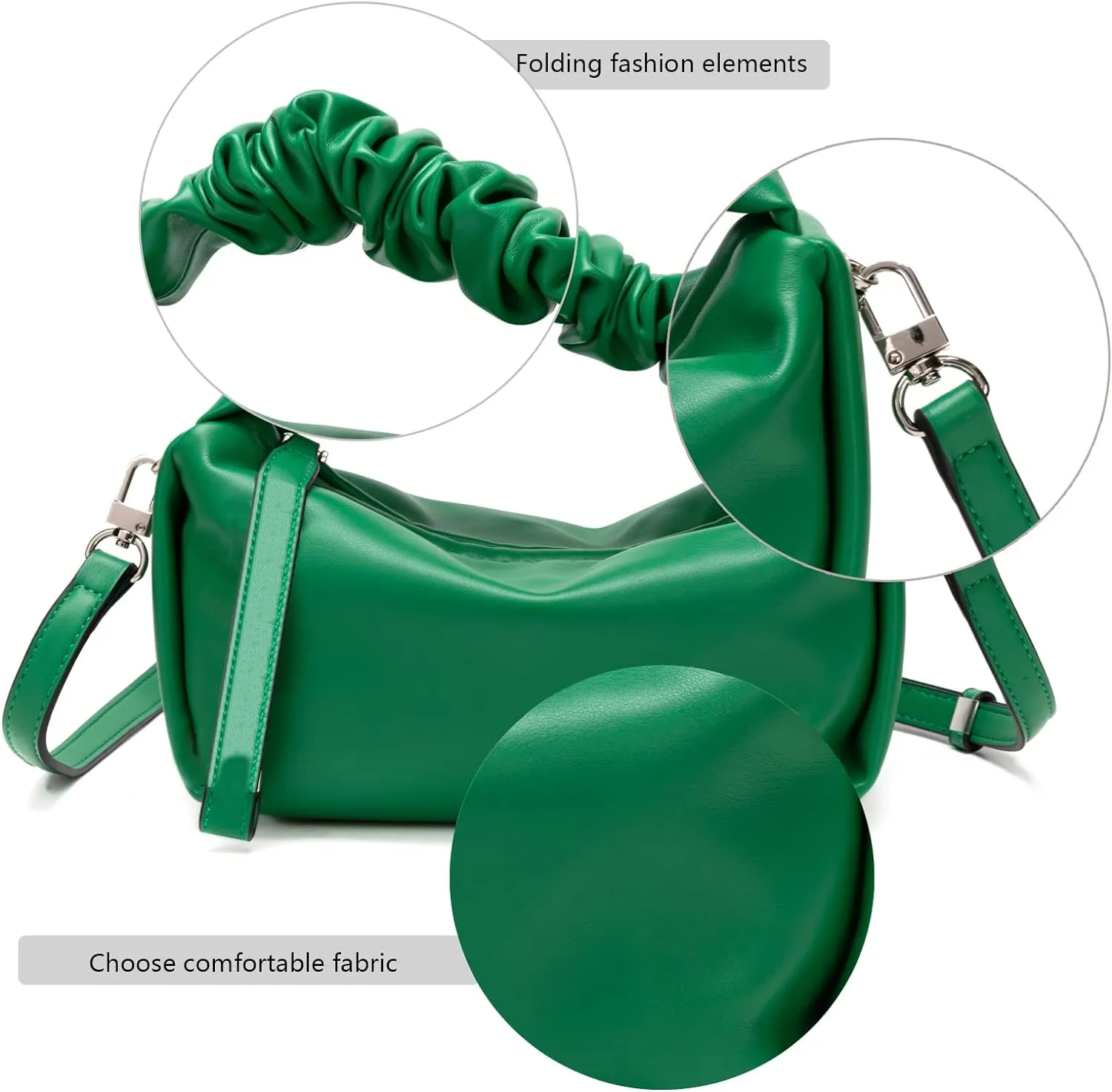Green Stylish Women's Cloud Ruched Pouch Bag - Versatile Leather Crossbody, Hobo, Clutch, & Tote Handbag for Every Occasion