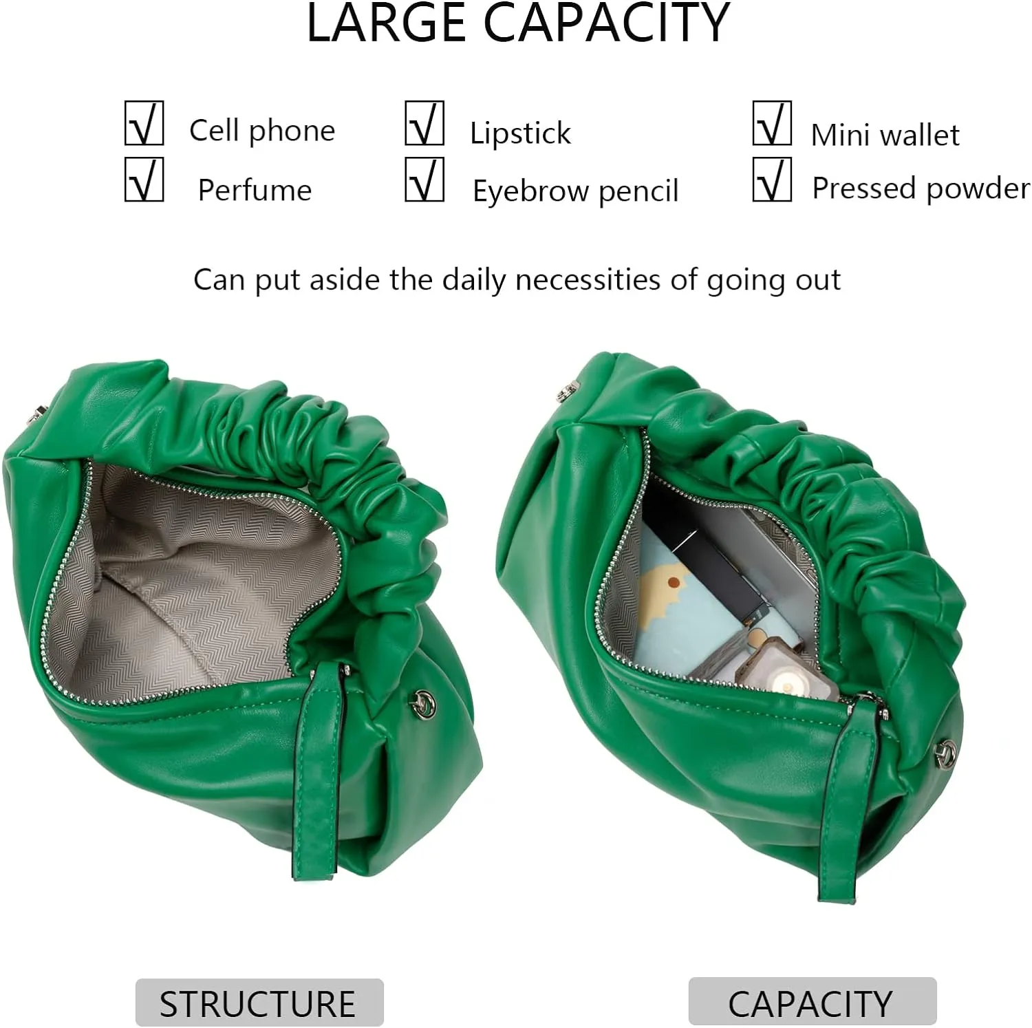 Green Stylish Women's Cloud Ruched Pouch Bag - Versatile Leather Crossbody, Hobo, Clutch, & Tote Handbag for Every Occasion