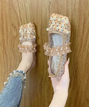 Handmade Loafer Shoes Splicing Tulle Khaki Ruffles Nail Bead Zircon LY8260