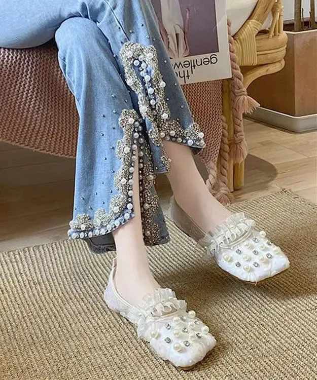 Handmade Loafer Shoes Splicing Tulle Khaki Ruffles Nail Bead Zircon LY8260