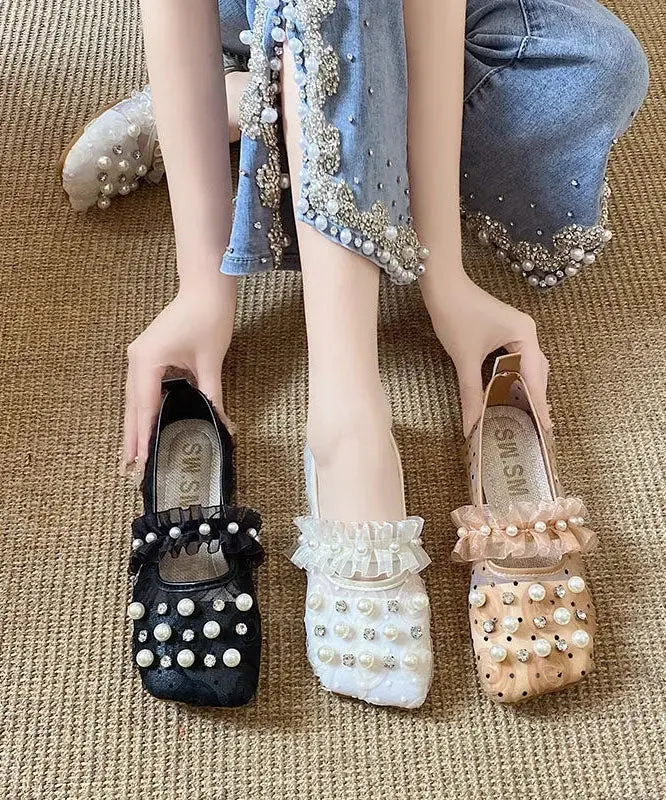 Handmade Loafer Shoes Splicing Tulle Khaki Ruffles Nail Bead Zircon LY8260