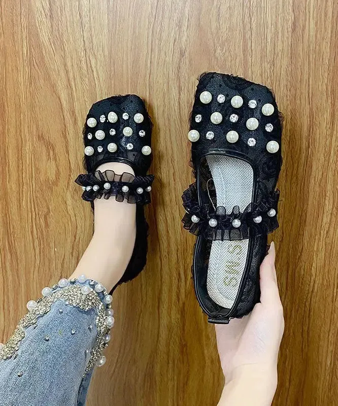 Handmade Loafer Shoes Splicing Tulle Khaki Ruffles Nail Bead Zircon LY8260