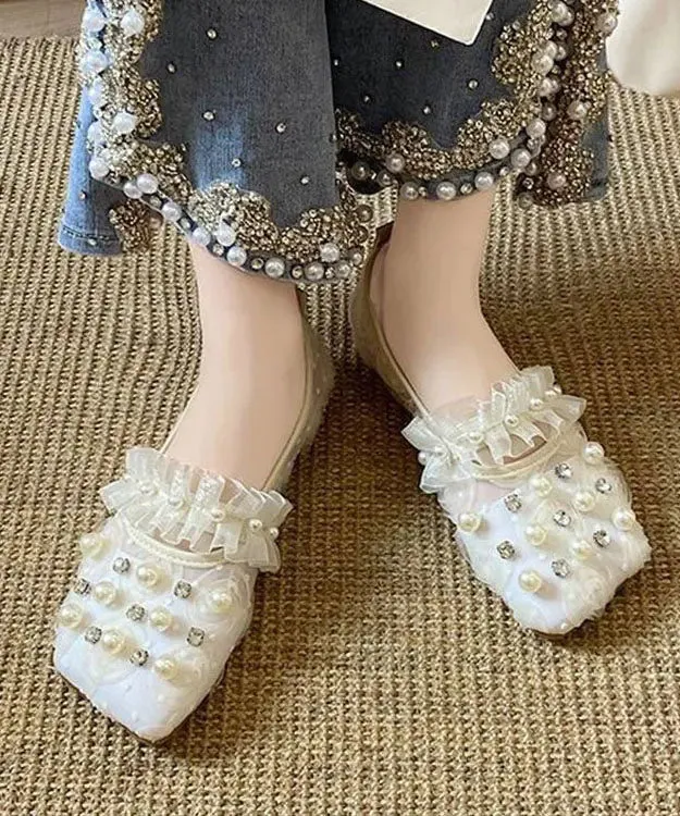 Handmade Loafer Shoes Splicing Tulle Khaki Ruffles Nail Bead Zircon LY8260