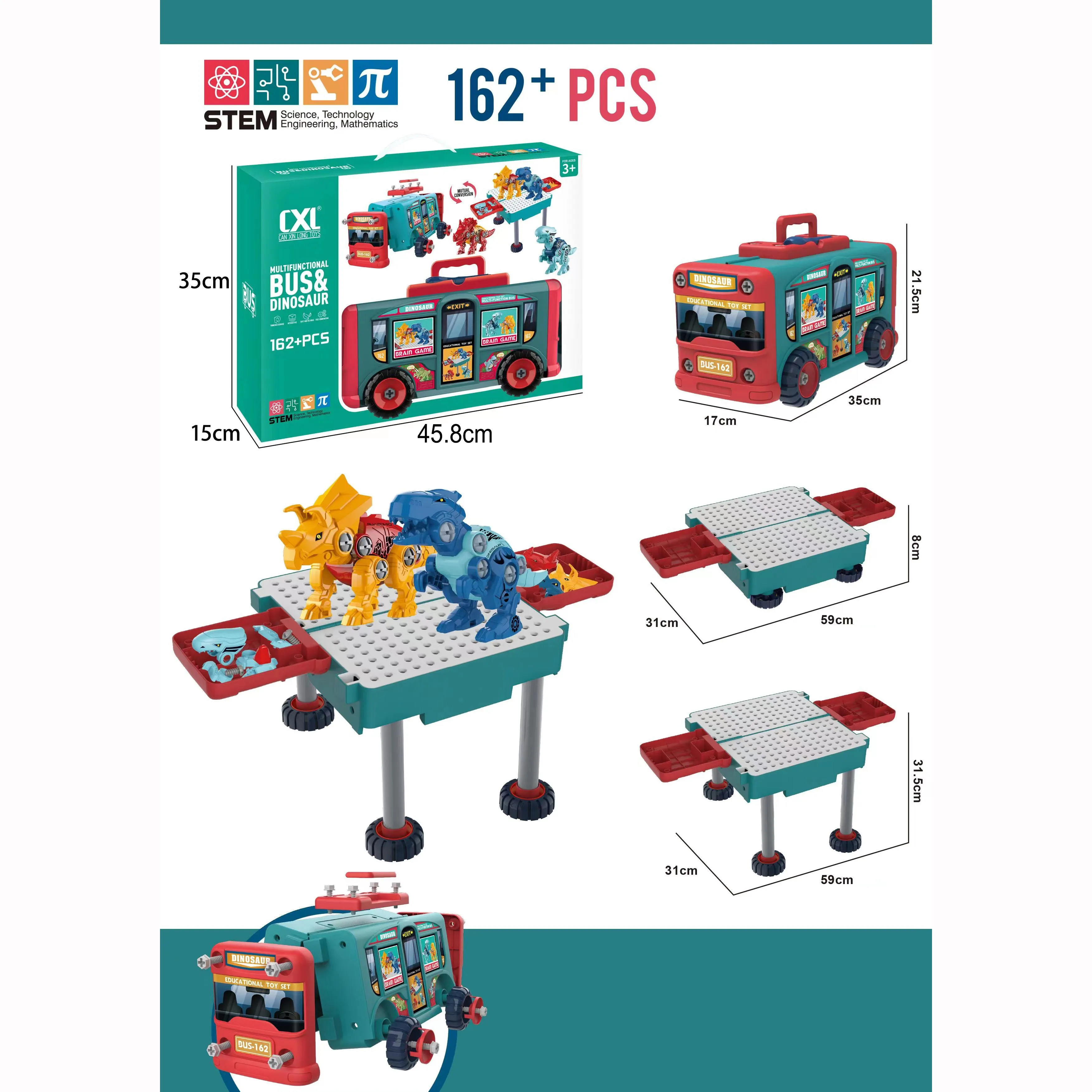 Kids 162 Piece Multifunctional Bus & Dinosaur Set with Drill Toy Kids Drill Sets Preschool & Toddler STEM Toy