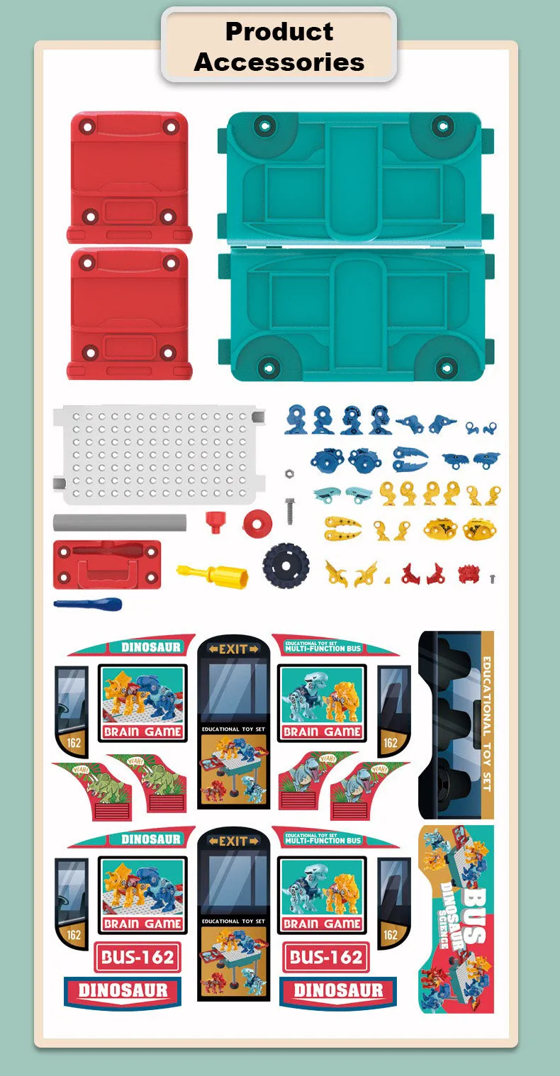 Kids 162 Piece Multifunctional Bus & Dinosaur Set with Drill Toy Kids Drill Sets Preschool & Toddler STEM Toy