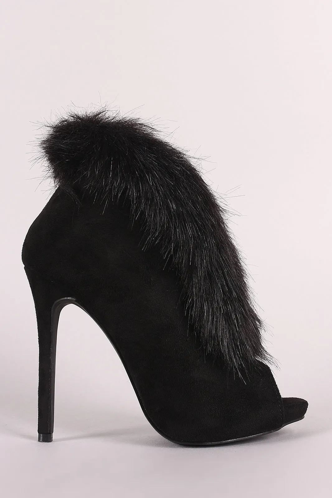 Liliana Faux Fur Trim Split-Front Peep Toe Suede Stiletto Booties