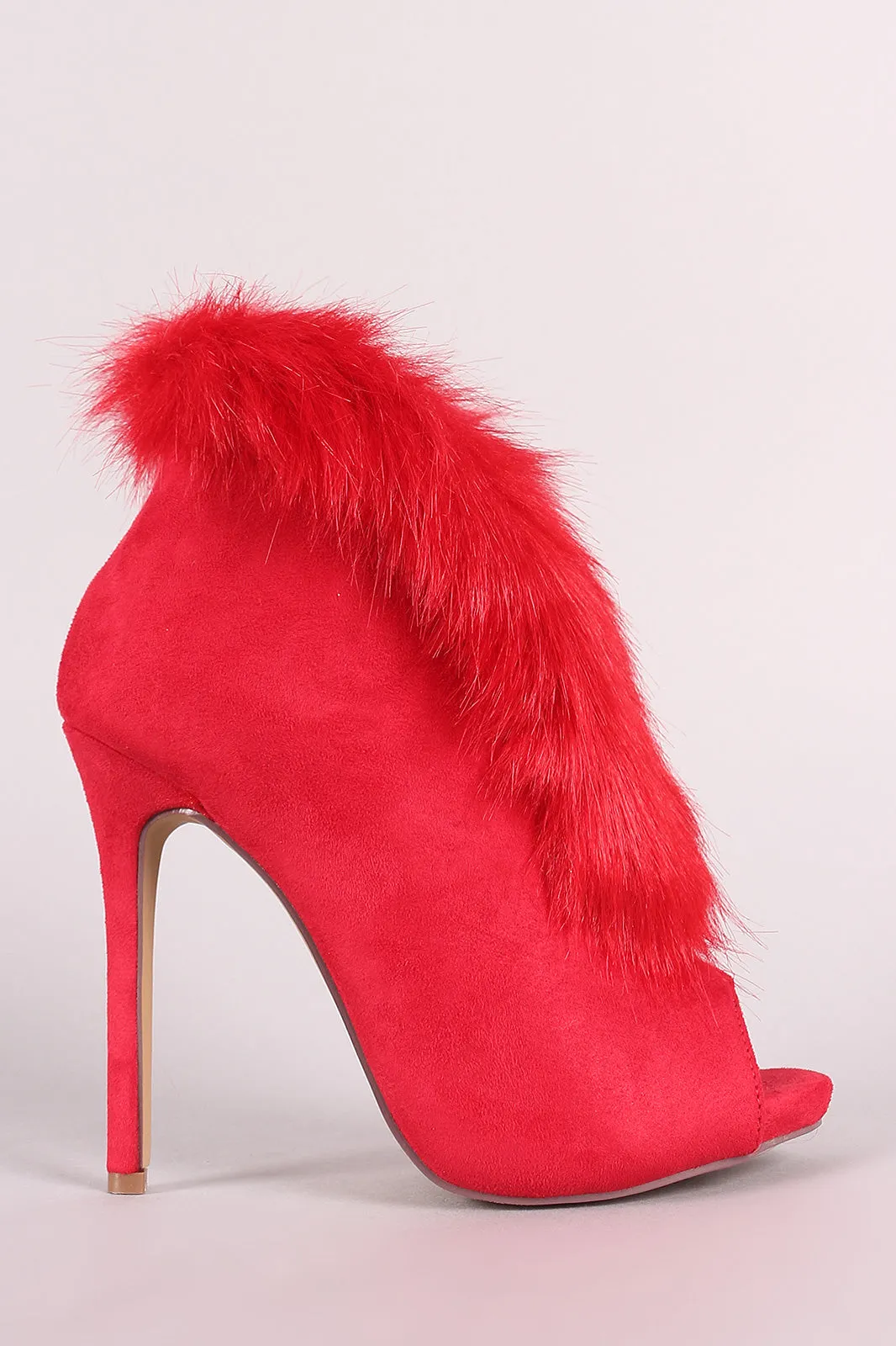 Liliana Faux Fur Trim Split-Front Peep Toe Suede Stiletto Booties