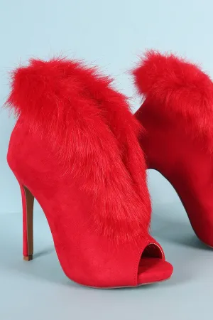 Liliana Faux Fur Trim Split-Front Peep Toe Suede Stiletto Booties