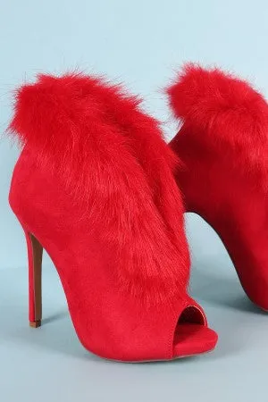 Liliana Faux Fur Trim Split-Front Peep Toe Suede Stiletto Booties