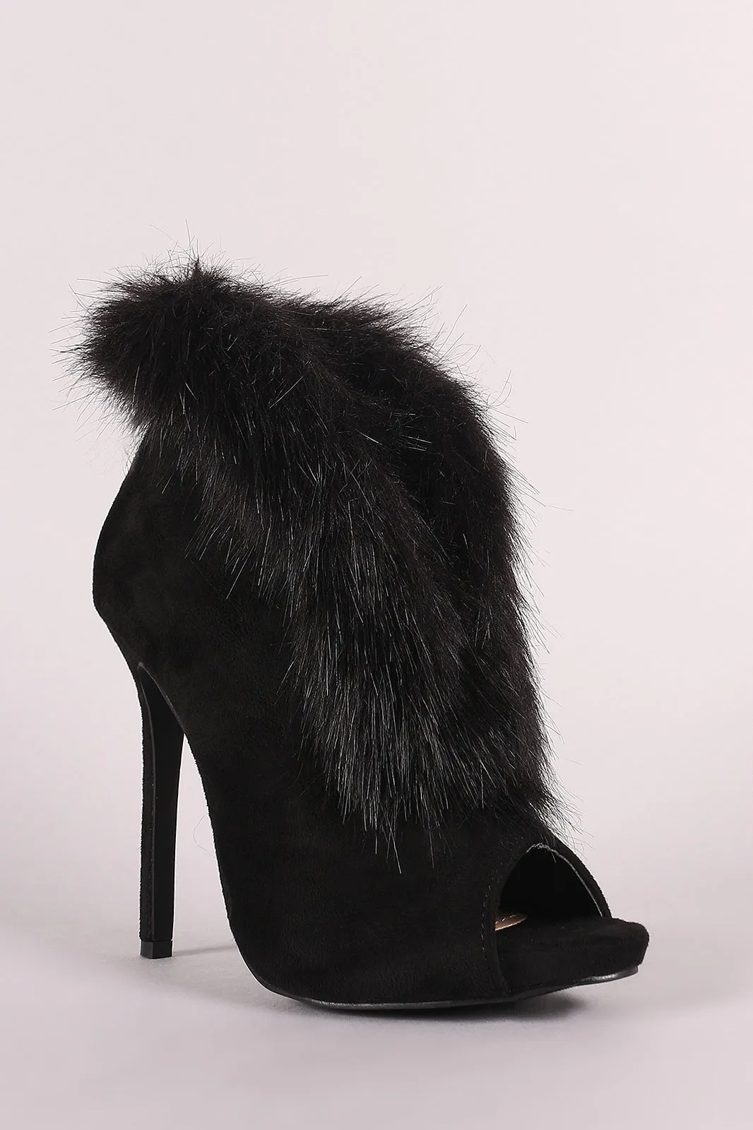Liliana Faux Fur Trim Split-Front Peep Toe Suede Stiletto Booties